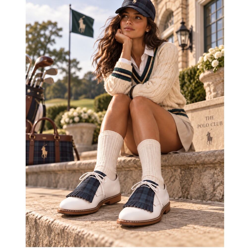 Vintage Polo Ralph Lauren Golf Shoes 8.5 White Leather Kiltie Deadstock